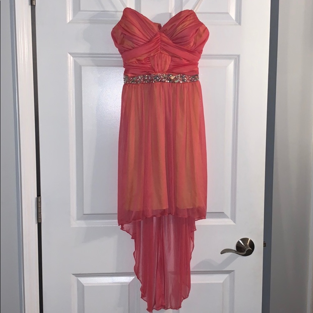 coral color, high low, strapless dress